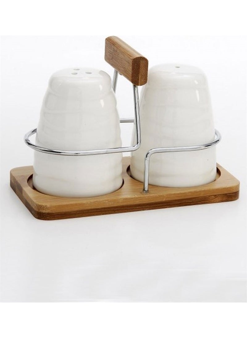 Porcelain Salt Shaker Set with Bamboo Stand