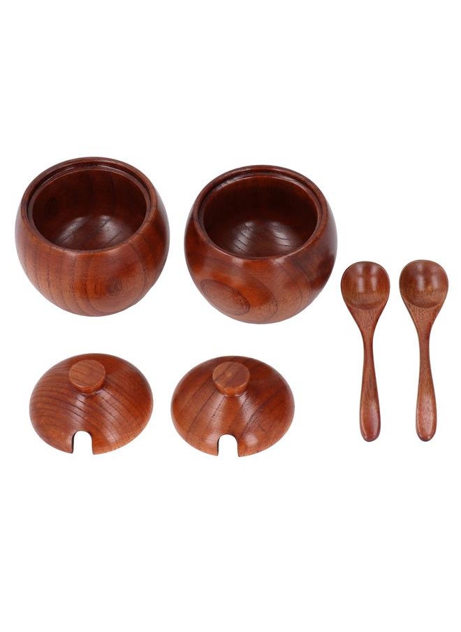 2 Sets Wood Salt Box Spice Jar Pepper Seasoning Container with Lid and Spoon for Kitchen Use