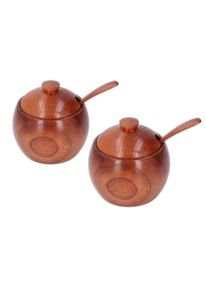 2 Sets Wood Salt Box Spice Jar Pepper Seasoning Container with Lid and Spoon for Kitchen Use
