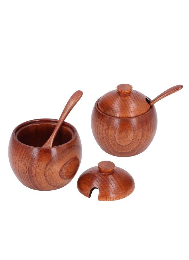 2 Sets Wood Salt Box Spice Jar Pepper Seasoning Container with Lid and Spoon for Kitchen Use