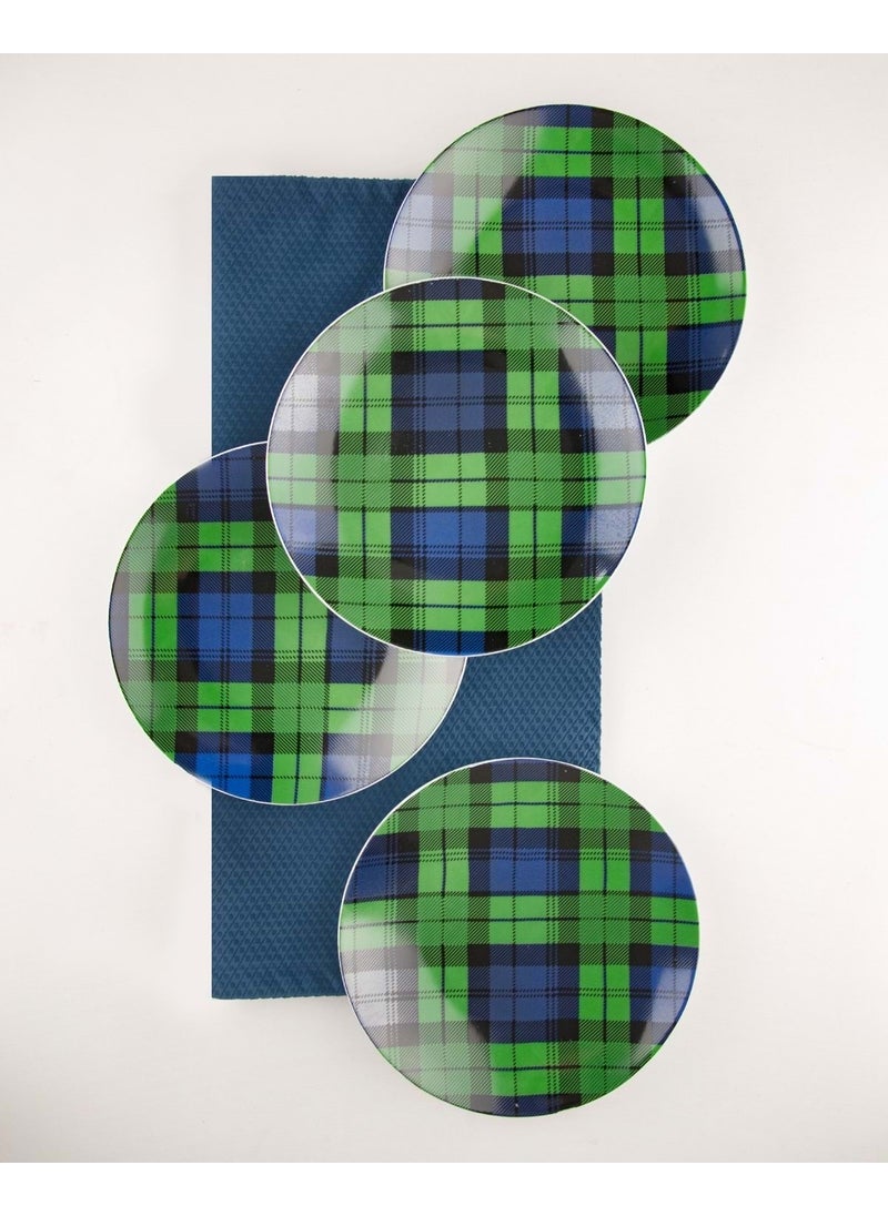 Bursa Porcelain Decor Green&Navy Blue Plaid 4 Piece Porcelain Cake Plate