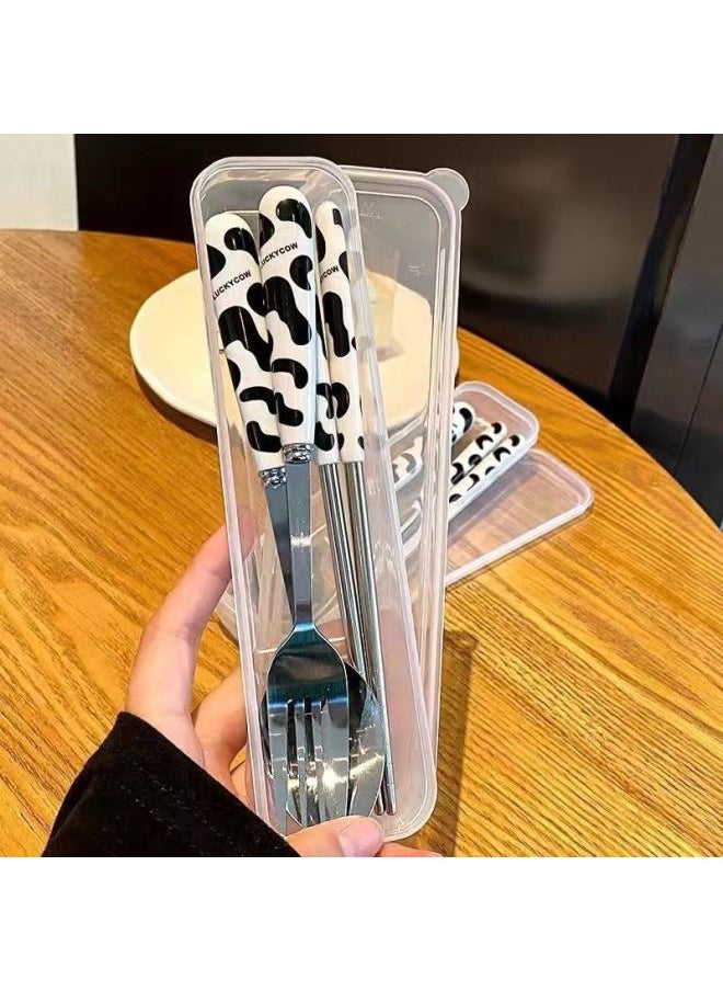 Cute Cartoon Chopsticks Spoon Fork Set Student Portable Office Workers Travel With Meals Out Tableware Water Throw-Specifications:Ins Black Cow Spoon + Fork + Chopsticks