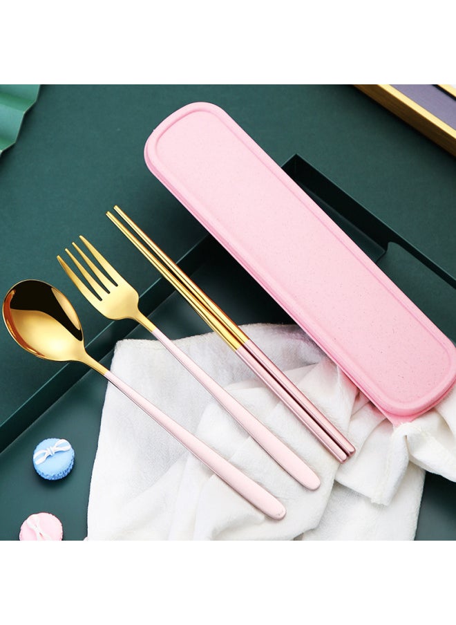 Internet Red Japanese Korean-style Stainless Steel Portable Tableware Set Student Gift Fork Spoon Chopsticks Storage Box Three-piece Set-Specifications:Dark Green 4 Piece Set (box + Chopsticks + Spoon + Fork)