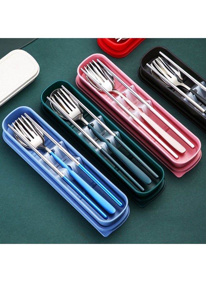 Internet Red Japanese Korean-style Stainless Steel Portable Tableware Set Student Gift Fork Spoon Chopsticks Storage Box Three-piece Set-Specifications:Dark Green 4 Piece Set (box + Chopsticks + Spoon + Fork)