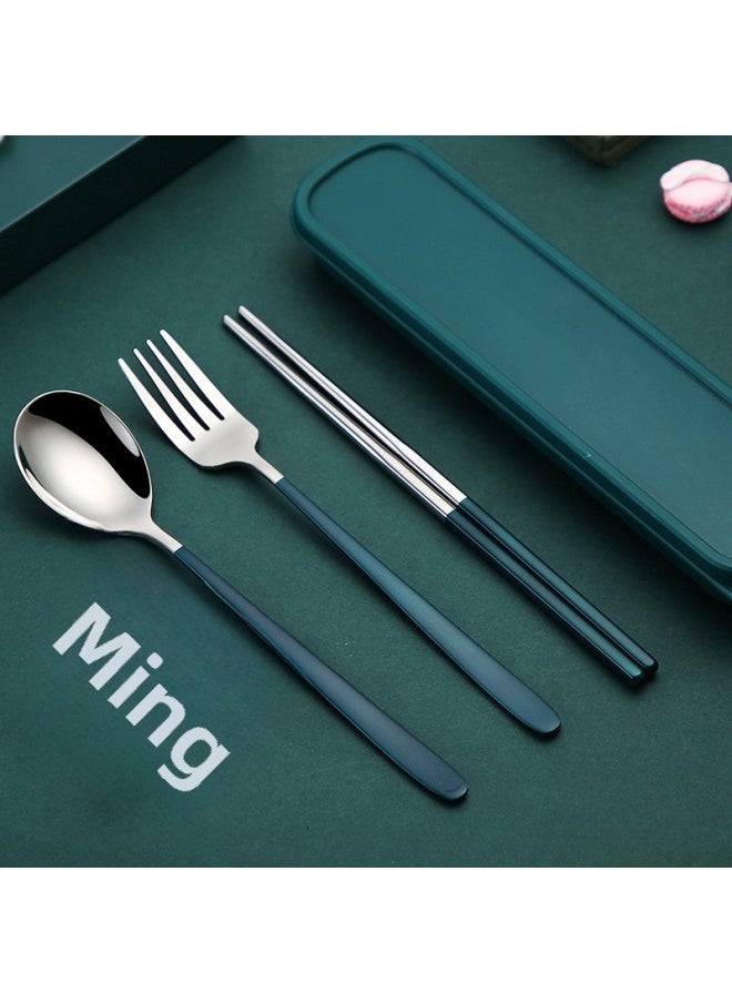 Internet Red Japanese Korean-style Stainless Steel Portable Tableware Set Student Gift Fork Spoon Chopsticks Storage Box Three-piece Set-Specifications:Dark Green 4 Piece Set (box + Chopsticks + Spoon + Fork)