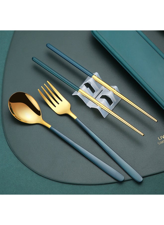 Internet Red Japanese Korean-style Stainless Steel Portable Tableware Set Student Gift Fork Spoon Chopsticks Storage Box Three-piece Set-Specifications:Dark Green 4 Piece Set (box + Chopsticks + Spoon + Fork)