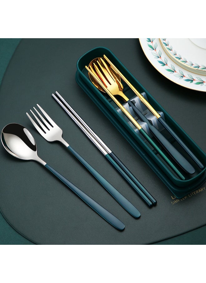 Internet Red Japanese Korean-style Stainless Steel Portable Tableware Set Student Gift Fork Spoon Chopsticks Storage Box Three-piece Set-Specifications:Dark Green 4 Piece Set (box + Chopsticks + Spoon + Fork)