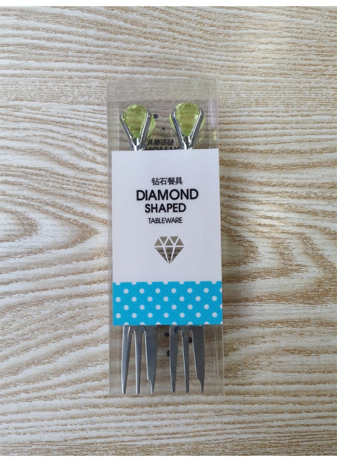 Diamond Fork Spoon Mixing Spoon Japanese And Korean Popular Coffee Spoon Fruit Fork 304 Stainless Steel Creative Ice Spoon Western Food Fruit-Specifications:Diamond Double Fork Green