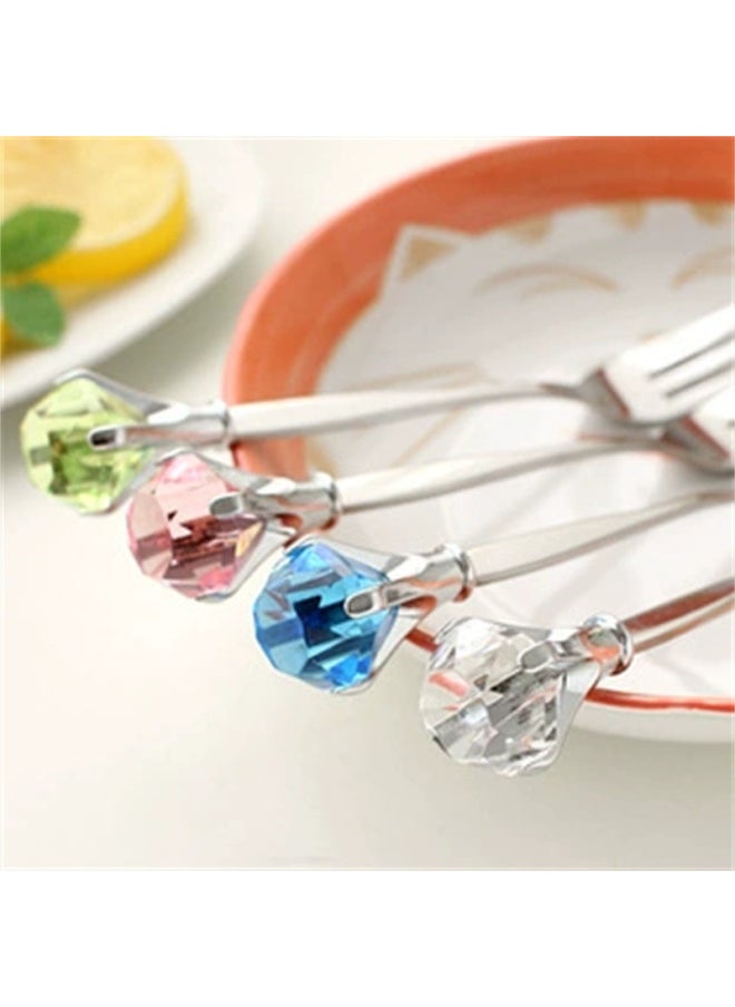 Diamond Fork Spoon Mixing Spoon Japanese And Korean Popular Coffee Spoon Fruit Fork 304 Stainless Steel Creative Ice Spoon Western Food Fruit-Specifications:Diamond Double Fork Green