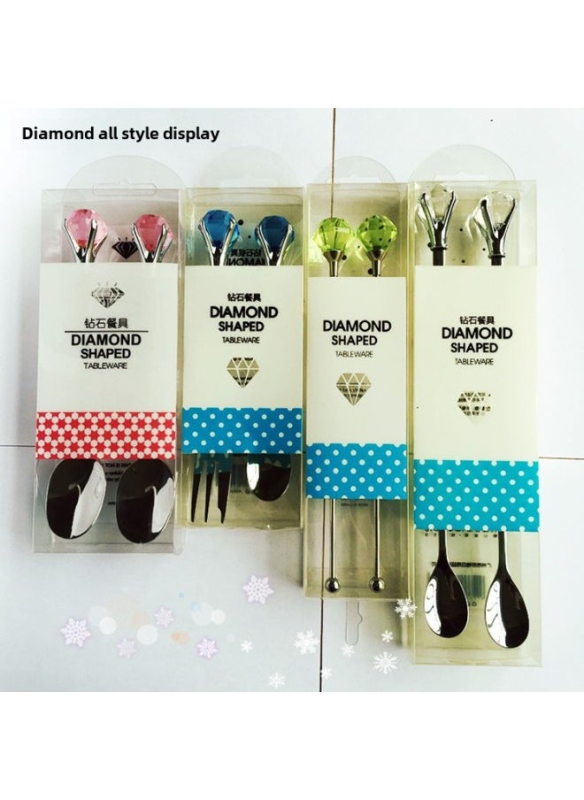 Diamond Fork Spoon Mixing Spoon Japanese And Korean Popular Coffee Spoon Fruit Fork 304 Stainless Steel Creative Ice Spoon Western Food Fruit-Specifications:Diamond Double Fork Green