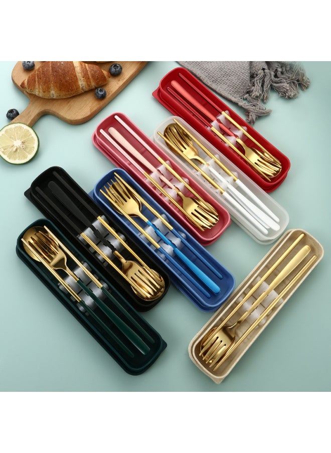 304 Stainless Steel Portable Tableware Three-piece Korean Spoon Fork Chopsticks Student Camping Tableware Suit Gift-Specifications:410 Silver Dark Green-2-piece Set
