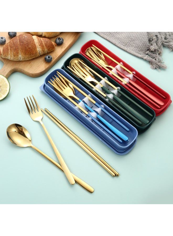 304 Stainless Steel Portable Tableware Three-piece Korean Spoon Fork Chopsticks Student Camping Tableware Suit Gift-Specifications:410 Silver Dark Green-2-piece Set