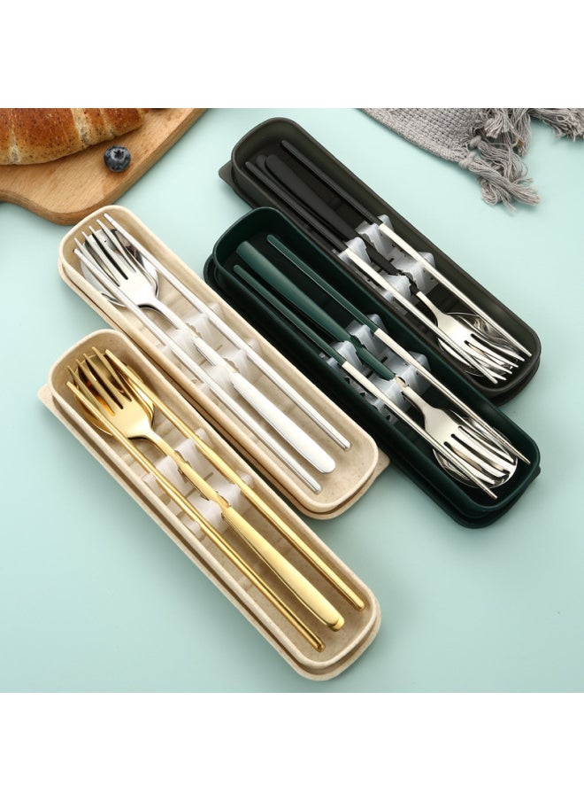 304 Stainless Steel Portable Tableware Three-piece Korean Spoon Fork Chopsticks Student Camping Tableware Suit Gift-Specifications:410 Silver Dark Green-2-piece Set