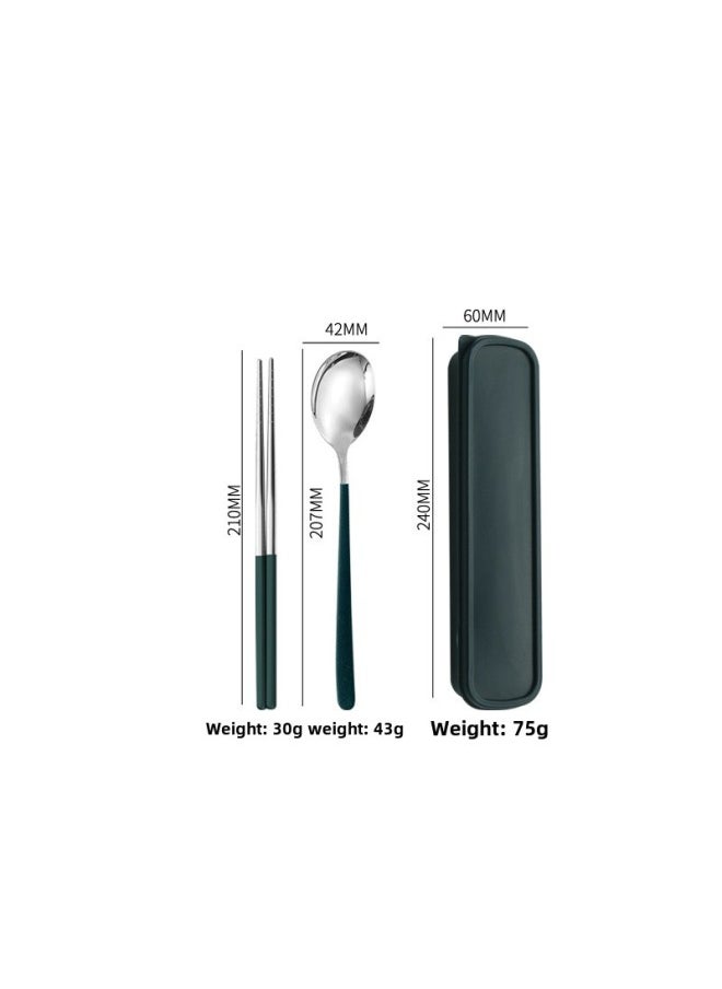 304 Stainless Steel Portable Tableware Three-piece Korean Spoon Fork Chopsticks Student Camping Tableware Suit Gift-Specifications:410 Silver Dark Green-2-piece Set