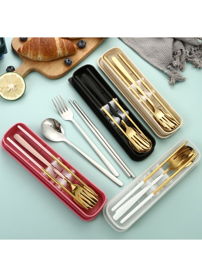 304 Stainless Steel Portable Tableware Three-piece Korean Spoon Fork Chopsticks Student Camping Tableware Suit Gift-Specifications:410 Silver Dark Green-2-piece Set