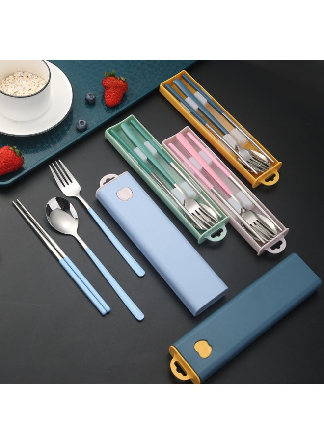 304 Stainless Steel Korean Style Portable Tableware Spoon Fork Chopsticks Three-piece Set Student Outdoor Travel Gift Set-Specifications:Blue + Silver 3 Piece Set 