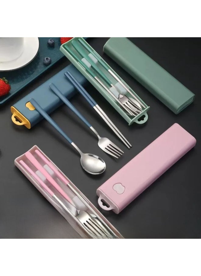304 Stainless Steel Korean Style Portable Tableware Spoon Fork Chopsticks Three-piece Set Student Outdoor Travel Gift Set-Specifications:Blue + Silver 3 Piece Set 