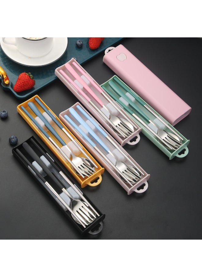 304 Stainless Steel Korean Style Portable Tableware Spoon Fork Chopsticks Three-piece Set Student Outdoor Travel Gift Set-Specifications:Blue + Silver 3 Piece Set 
