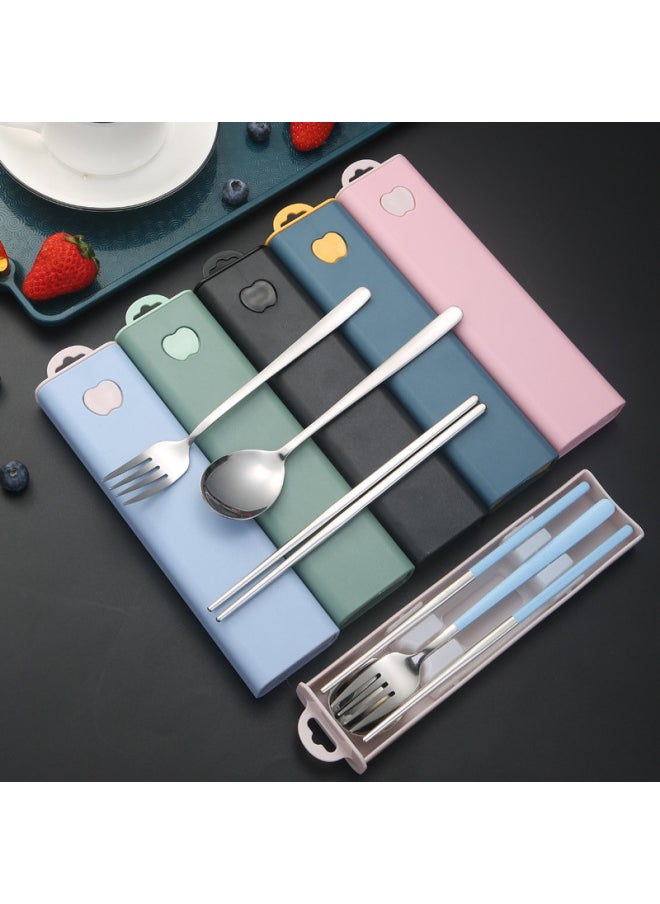 304 Stainless Steel Korean Style Portable Tableware Spoon Fork Chopsticks Three-piece Set Student Outdoor Travel Gift Set-Specifications:Blue + Silver 3 Piece Set 