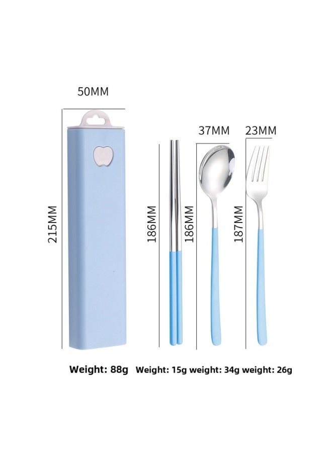 304 Stainless Steel Korean Style Portable Tableware Spoon Fork Chopsticks Three-piece Set Student Outdoor Travel Gift Set-Specifications:Blue + Silver 3 Piece Set 