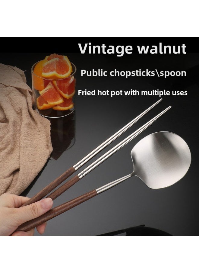 304 Stainless Steel Vintage Wooden Handle Split Spoon Public Chopsticks High-end Sandy Tableware Household Spoon Chopsticks Dessert Spoon-Color:304 Walnut