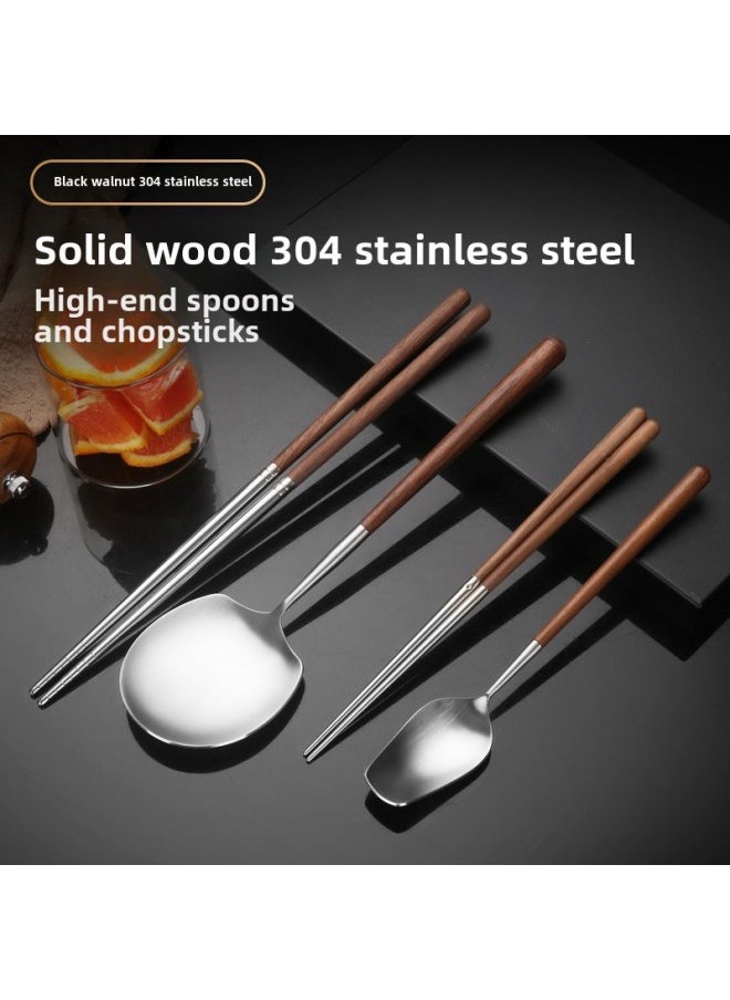 304 Stainless Steel Vintage Wooden Handle Split Spoon Public Chopsticks High-end Sandy Tableware Household Spoon Chopsticks Dessert Spoon-Color:304 Walnut