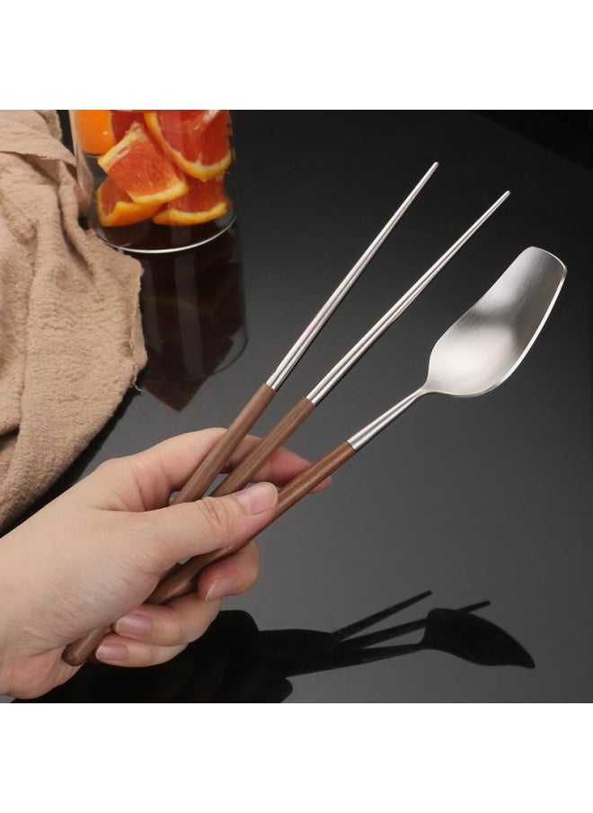 304 Stainless Steel Vintage Wooden Handle Split Spoon Public Chopsticks High-end Sandy Tableware Household Spoon Chopsticks Dessert Spoon-Color:304 Walnut