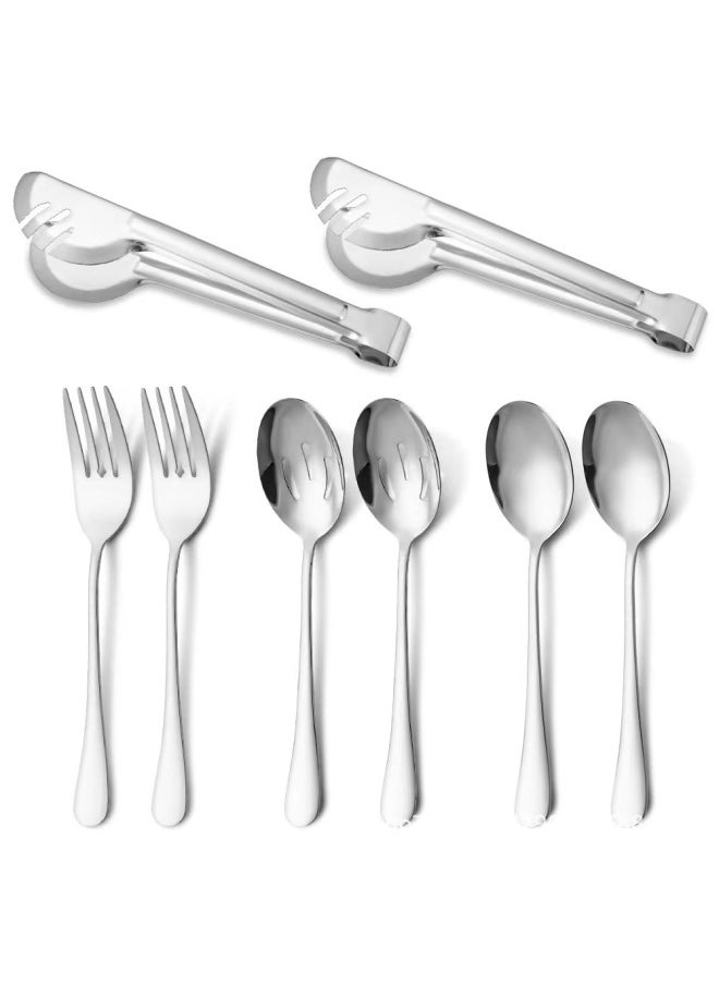 Stainless Steel Cutlery Set Spoon Fork Service Spoon Leak Multi-use Food Tongs Meal Serving Fork-Specifications:(8pcs) Silver (without Salad Fork)