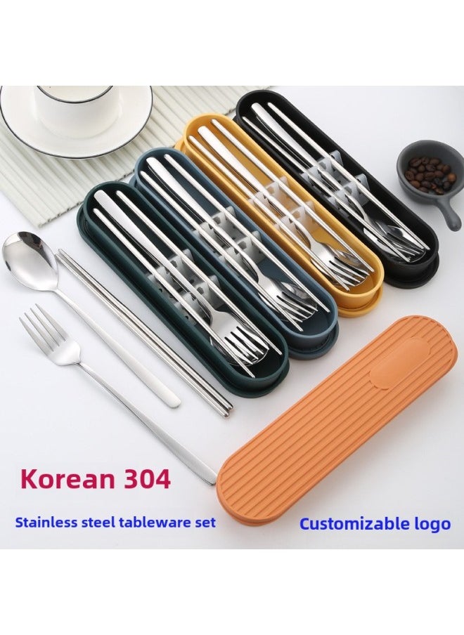 Korean-style 304 Stainless Steel Portable Tableware Suit Spoon Fork Chopsticks Three-piece Set Student Spoon Chopsticks Suit Gift-Specifications:Korean Style 410  Three-piece Spoon, Fork And Chopsticks Set
