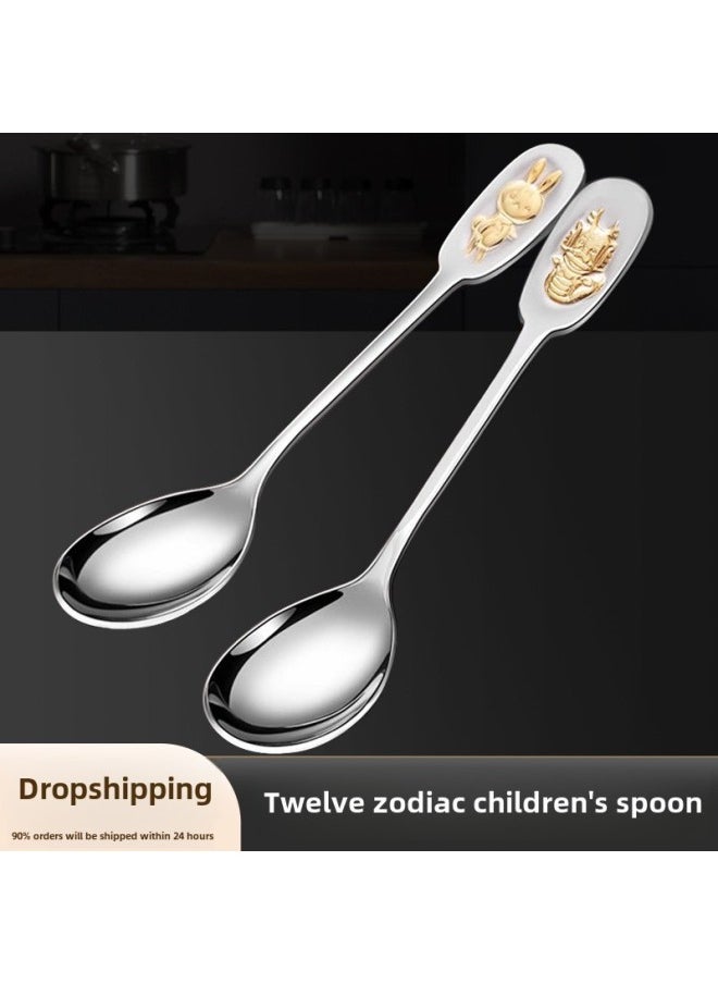 316 Stainless Steel Zodiac Spoon For Children And Babies Special Dining Spoon Spoon High-end Household Small Spoon-Color:316 Zodiac Spoon-Ping An Tiger