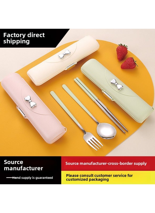 304 Stainless Steel Portable Tableware Bow Imitation Leather Pattern Box Korean-style Chopsticks Three-piece Set For Students Suit-Specifications:Three-piece Set Of Bare Pink Fork Chopsticks (natural Color)