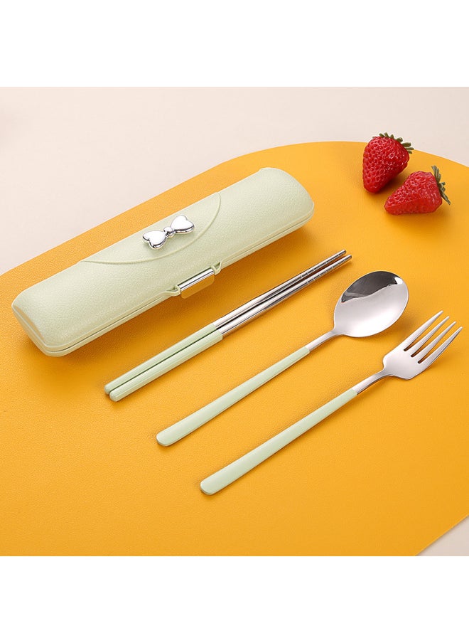 304 Stainless Steel Portable Tableware Bow Imitation Leather Pattern Box Korean-style Chopsticks Three-piece Set For Students Suit-Specifications:Three-piece Set Of Bare Pink Fork Chopsticks (natural Color)