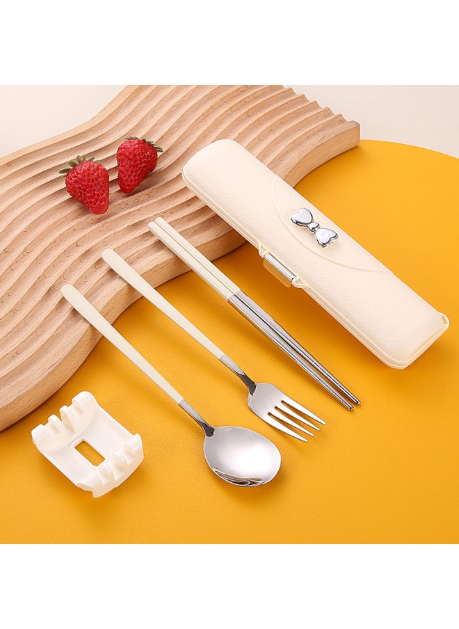 304 Stainless Steel Portable Tableware Bow Imitation Leather Pattern Box Korean-style Chopsticks Three-piece Set For Students Suit-Specifications:Three-piece Set Of Bare Pink Fork Chopsticks (natural Color)