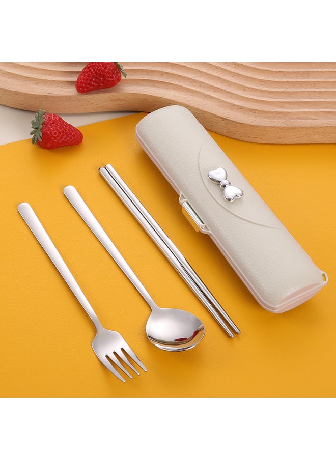 304 Stainless Steel Portable Tableware Bow Imitation Leather Pattern Box Korean-style Chopsticks Three-piece Set For Students Suit-Specifications:Three-piece Set Of Bare Pink Fork Chopsticks (natural Color)