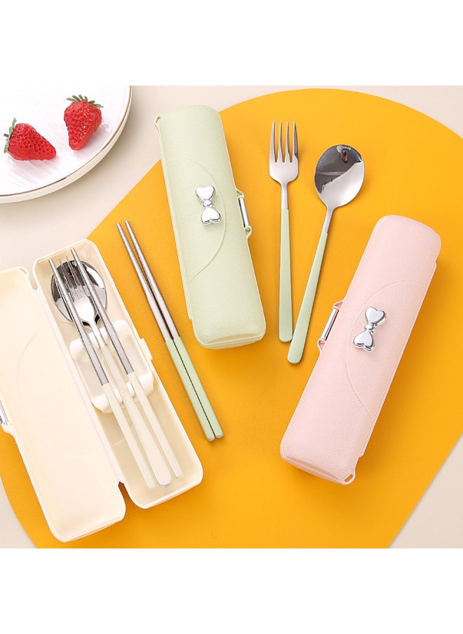 304 Stainless Steel Portable Tableware Bow Imitation Leather Pattern Box Korean-style Chopsticks Three-piece Set For Students Suit-Specifications:Three-piece Set Of Bare Pink Fork Chopsticks (natural Color)
