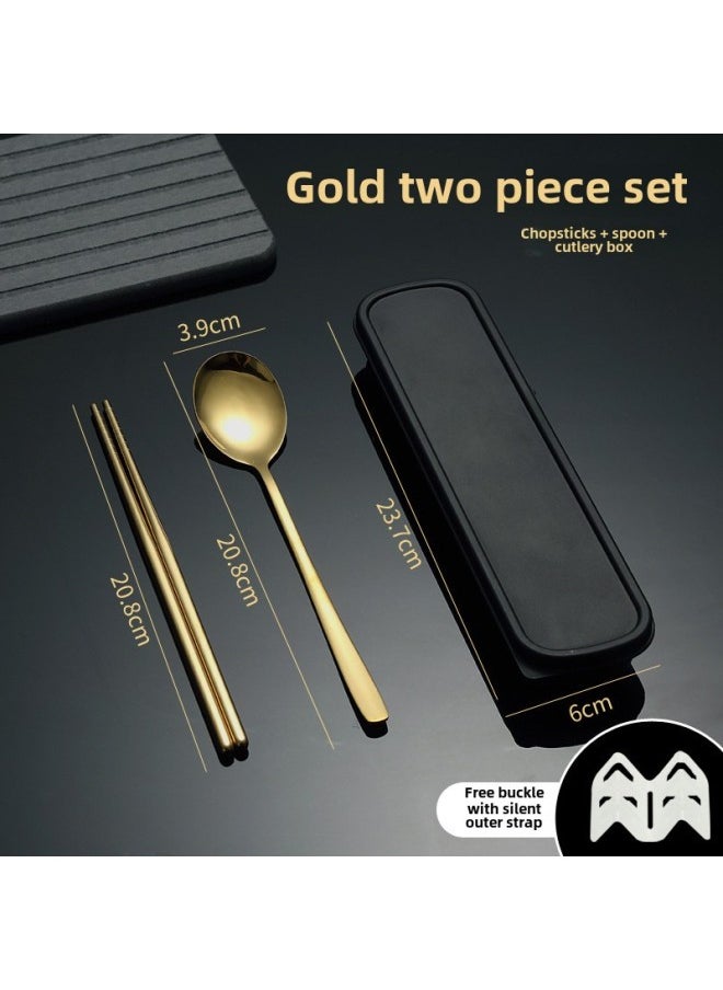 Stainless Steel Portable Tableware Three-piece Set Fork Chopsticks Spoon Suit Korean-style Stainless Steel Tableware Suit Gift-Specifications:Gold Two-piece Set (black Box)