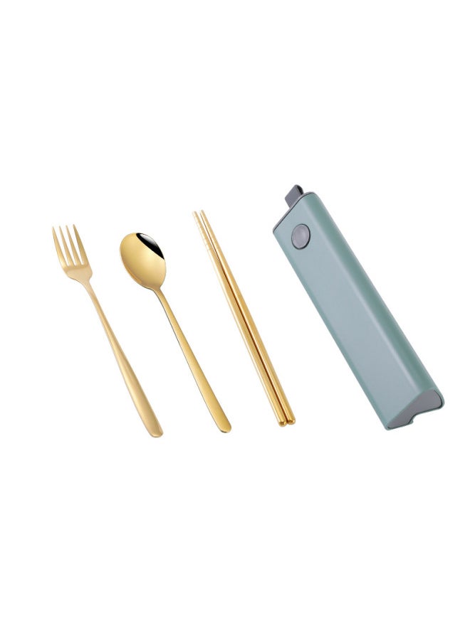Stainless Steel Portable Tableware Suit Fork Fork Korean Three-piece Travel Outdoor Gift Student Tableware-Color:Golden Three-piece Cyan Box