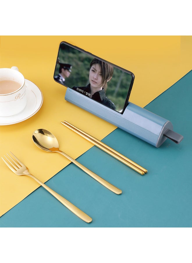 Stainless Steel Portable Tableware Suit Fork Fork Korean Three-piece Travel Outdoor Gift Student Tableware-Color:Golden Three-piece Cyan Box