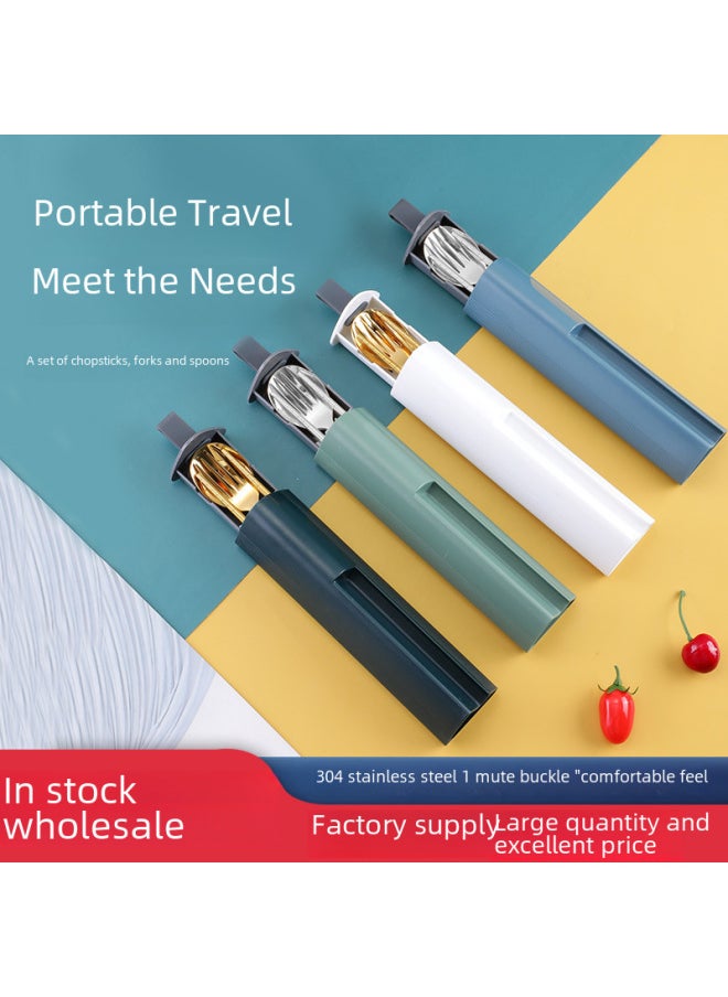 Stainless Steel Portable Tableware Suit Fork Fork Korean Three-piece Travel Outdoor Gift Student Tableware-Color:Golden Three-piece Cyan Box