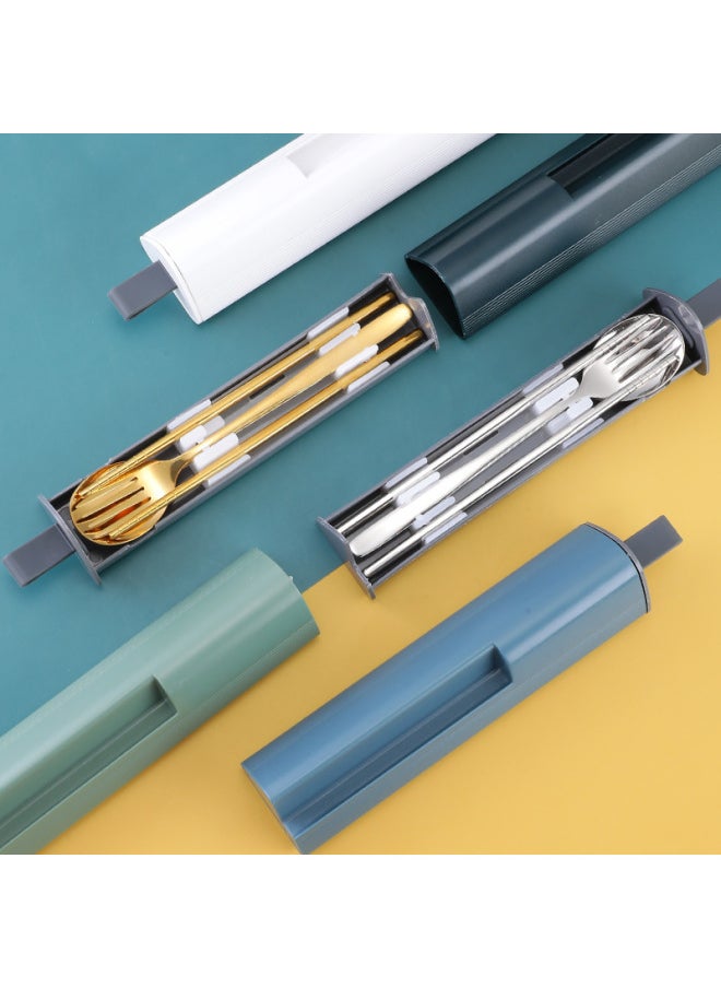Stainless Steel Portable Tableware Suit Fork Fork Korean Three-piece Travel Outdoor Gift Student Tableware-Color:Golden Three-piece Cyan Box