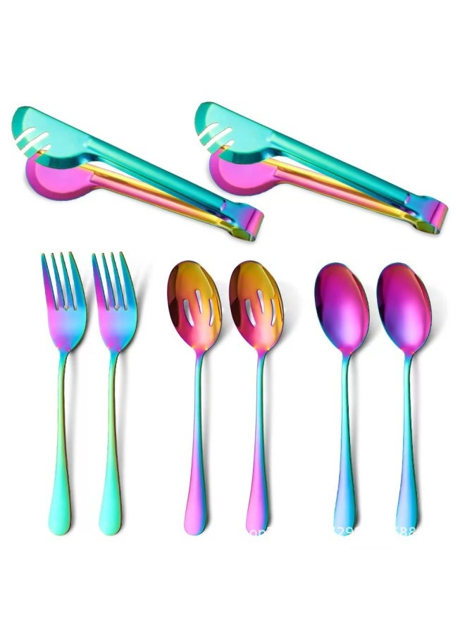 Stainless Steel Cutlery Set Spoon Fork Service Spoon Leak Multi-use Food Tongs Meal Serving Fork-Specifications:(8pcs) Colorful (without Salad Fork)