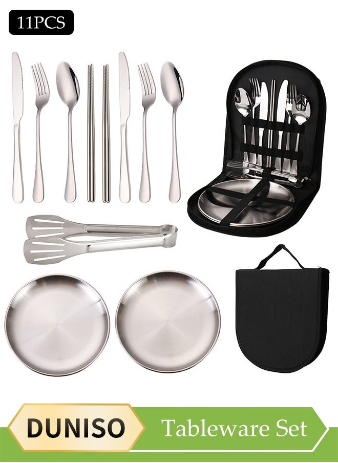 11 Pcs Stainless Steel Camping Cutlery Set, portable outdoor picnic utensil, mirror polished utensil set, with knife, fork, spoon, food clip, chopsticks, plate, utensil bag, suitable for outdoor hiking, picnicking, and barbecue