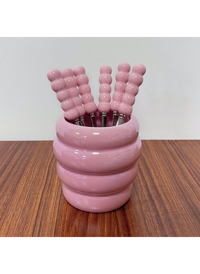 Luxury Ins Pearl Fruit Fork Set Creative Colorful Ceramic Storage Can Stainless Steel Forks Fruit Fork Can Modern Simple Style-Specifications:Pink Bee Jar 6 Pearl Fruit Fork