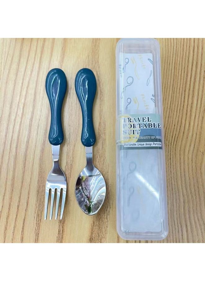 Children's Portable Tableware Two-piece Set Student 304 Stainless Steel Spoon Fork Travel Outdoor Gift Dining Box Tableware-Specifications:Nordic Blue Tableware Two-piece Set