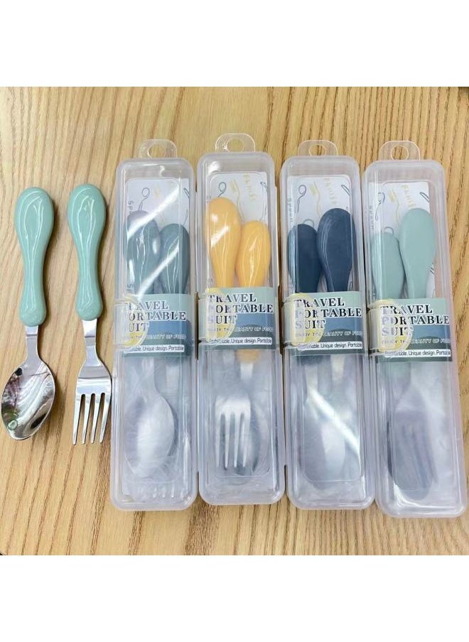 Children's Portable Tableware Two-piece Set Student 304 Stainless Steel Spoon Fork Travel Outdoor Gift Dining Box Tableware-Specifications:Nordic Yellow Tableware Two-piece Set
