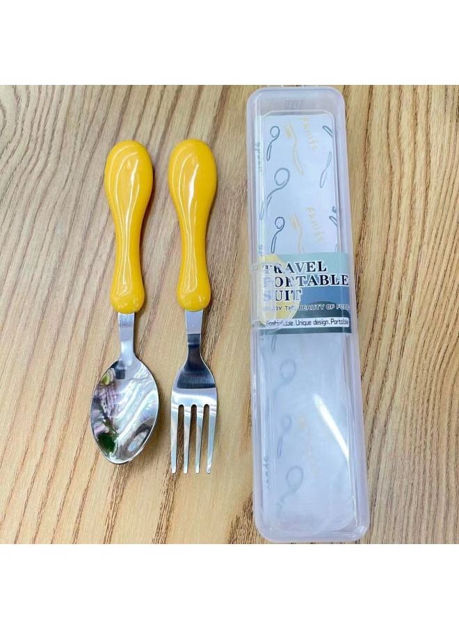 Children's Portable Tableware Two-piece Set Student 304 Stainless Steel Spoon Fork Travel Outdoor Gift Dining Box Tableware-Specifications:Nordic Yellow Tableware Two-piece Set