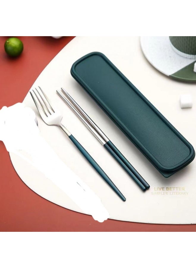 Stainless Steel Portable Tableware Chopsticks Spoon Fork Three-piece Set Student Travel Tableware Suit Single Convenient Box-Specifications:Dark Green With Silver (best-selling Model) - Three-piece Set (fork - Chopsticks Box)
