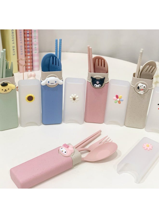 Cute Cartoon Tableware Set Three-piece Wheat Straw PP Tableware For Work Students Portable Tableware Chopsticks Fork Spoon-Specifications:Ding Dang Whole Body