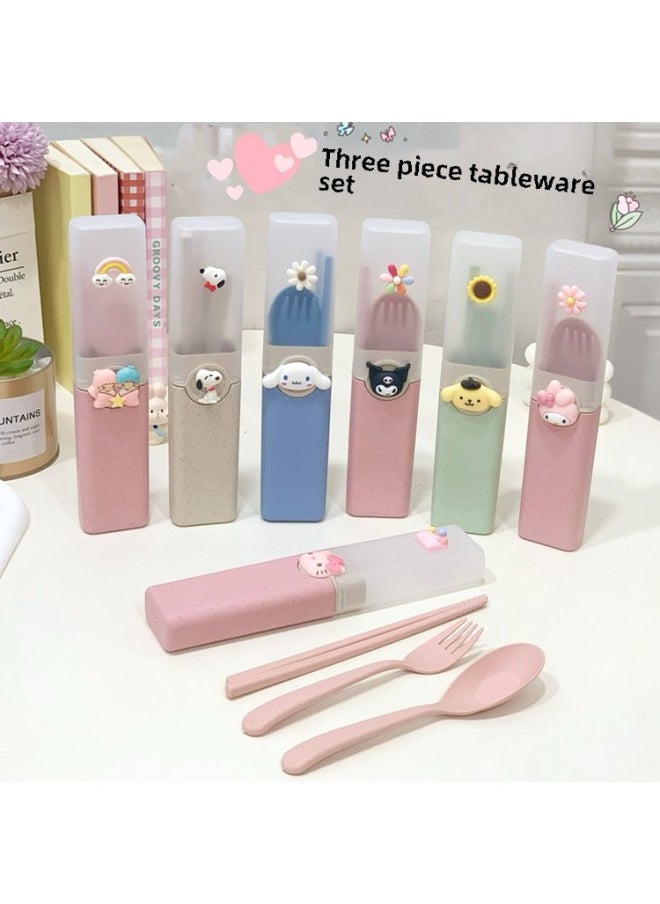 Cute Cartoon Tableware Set Three-piece Wheat Straw PP Tableware For Work Students Portable Tableware Chopsticks Fork Spoon-Specifications:Ding Dang Whole Body
