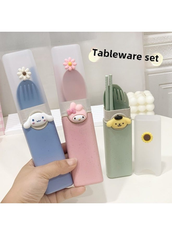 Cute Cartoon Tableware Set Three-piece Wheat Straw PP Tableware For Work Students Portable Tableware Chopsticks Fork Spoon-Specifications:Ding Dang Whole Body